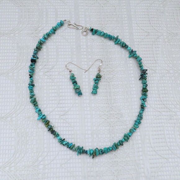 Handmade Turquoise Jewelry Set w/ Beaded Necklace, Dangle Earrings, 18" Necklace - Picture 1 of 7